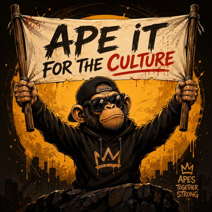 A graphic illustration features a chimpanzee wearing sunglasses and a black hoodie holding a banner that reads 'APE IT FOR THE CULTURE', with 'APES TOGETHER STRONG' and a crown logo below.