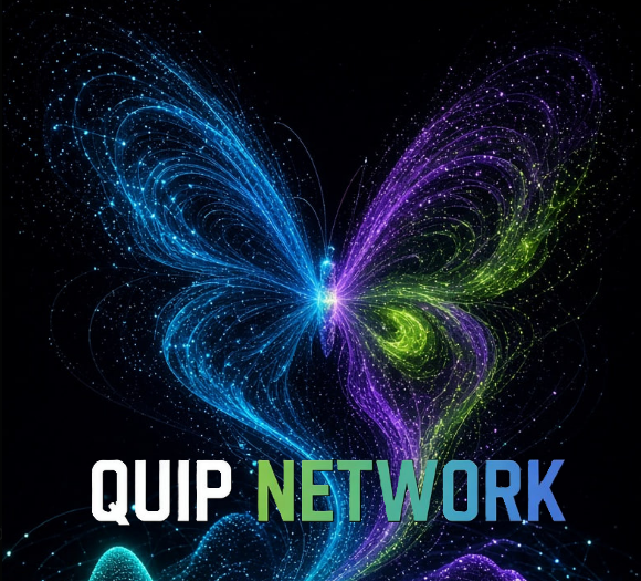 A vibrant digital art piece of a butterfly made of glowing cosmic energy in blue, purple, and green colors, with the text "QUIP NETWORK" displayed at the bottom.