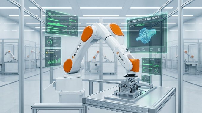 A robotic arm in a high-tech factory operates a machine part while holographic green interface panels display data, including labels like 'ASTROBOTICS AR INTERFACE' and 'STATUS OPTIMIZED'.