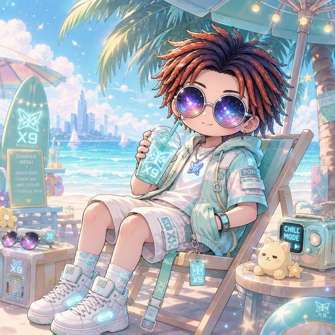 The image features a boy sitting in a chair, wearing sunglasses and holding a drink. The background shows an ocean view with palm trees, creating a beach-like atmosphere. There are also other chairs and objects like a surfboard and a bird nearby. The image is related to the crypto world as it contains text about cryptocurrency wallets and security.