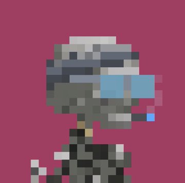 A pixel art character with blue goggles and a black and white outfit against a solid magenta background.