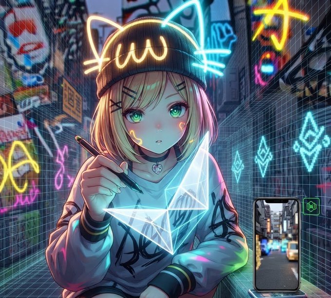 An anime-style digital illustration of a girl with a neon cat-ear beanie holding a stylus, with an Ethereum logo displayed on a smartphone screen in a cyberpunk city setting.
