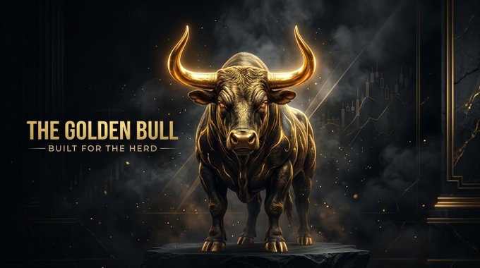 A dramatic golden bull statue with glowing horns against a dark background, with text reading 'THE GOLDEN BULL - BUILT FOR THE HERD'.
