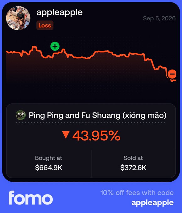 The image is an FOMO app loss-tracking card for user "appleapple" dated Sep 5, 2026, showing a red price chart with a green "+" entry point that crashes down, displaying a ▼ 43.95% loss on "Ping Ping and Fu Shuang (xióng māo)" bought at $664.9K and sold at $372.6K, with a promo at the bottom reading "10% off fees with code appleapple."

This visual perfectly illustrates the poster's tweet about throwing $1K into meme coins as a "first cabal in FOMO experience," capturing the -50% loss and "sometimes we win, sometimes we lose" gambling mentality they describe, even though the post text is cut off before explaining how they somehow still managed to profit.