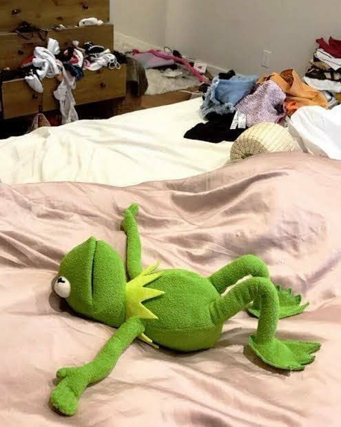 Kermit the Frog plush lies sprawled on a bed amid piles of unfolded laundry, looking exhausted at the end of a long day of tracking two ambitious crypto-AI projects.