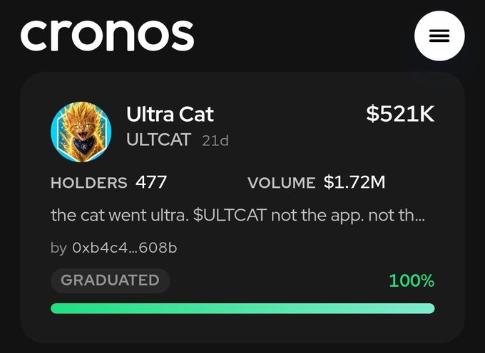 A cryptocurrency website (cronos) displays details for 'Ultra Cat' (ULTCAT) token showing 477 holders, $1.72M volume, and a 100% graduated status.