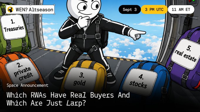 The image is a cartoon-style promotional graphic for "WEN? Altseason" (Sept 3, 3 PM UTC / 11 AM ET), showing a character choosing from five numbered backpacks labeled "1. Treasuries, 2. private credit, 3. gold, 4. stocks, 5. real estate," with the caption "Which RWAs Have Real Buyers And Which Are Just Larp?"—directly illustrating the post's question about which real-world asset tokenization sectors have genuine market liquidity versus hype.