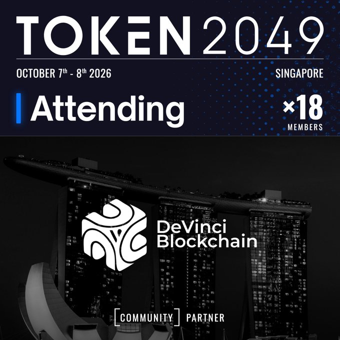 A promotional graphic for 'TOKEN 2049' (October 7th-8th 2026) in Singapore announces that DeVinciBlockchain is attending with 18 members as a Community Partner.