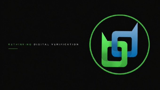 A black promotional graphic with the tagline 'RETHINKING DIGITAL VERIFICATION' alongside a green and blue interlinked logo.
