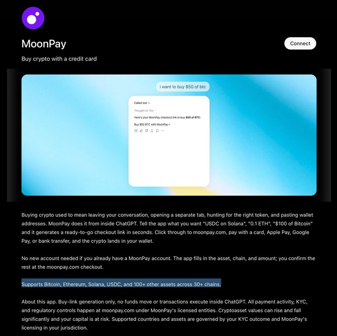 This image shows a screenshot of a conversation interface from MoonPay's crypto app integration. The main focus of this screen is an advertisement offering a cryptocurrency exchange service called MoonPay, which allows users to buy cryptocurrencies like Bitcoin and Ethereum using their ChatGPT chatbot. The image also mentions two other crypto exchanges that can be used in conjunction with the MoonPay platform for additional trading options.