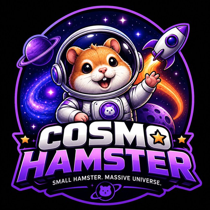 The image features a cartoon hamster wearing an astronaut suit and waving at the camera with a rocket ship behind him. The text "CosmoHamster" is displayed above the hamster, while the phrase "Small hamster, massive universe" is written below it. This suggests that CosmoHamster is a small hamster character who represents a larger idea or concept - the idea of exploring and understanding the vastness of space.