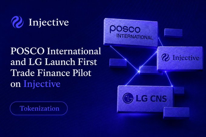 The image is a promotional graphic for Injective, featuring the Injective logo at the top left alongside the headline "POSCO International and LG Launch First Trade Finance Pilot on Injective." On the right, three 3D purple blocks labeled "posco INTERNATIONAL," "Injective," and "LG CNS" are interconnected by glowing lines, visually symbolizing the partnership between the three companies, with a "Tokenization" tag below the headline.