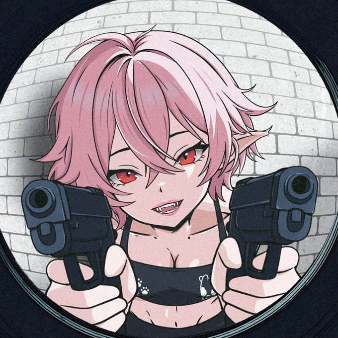An anime-style illustration showing a pink-haired girl with red eyes and fangs grinning menacingly while pointing two black handguns directly at the viewer against a brick wall background.