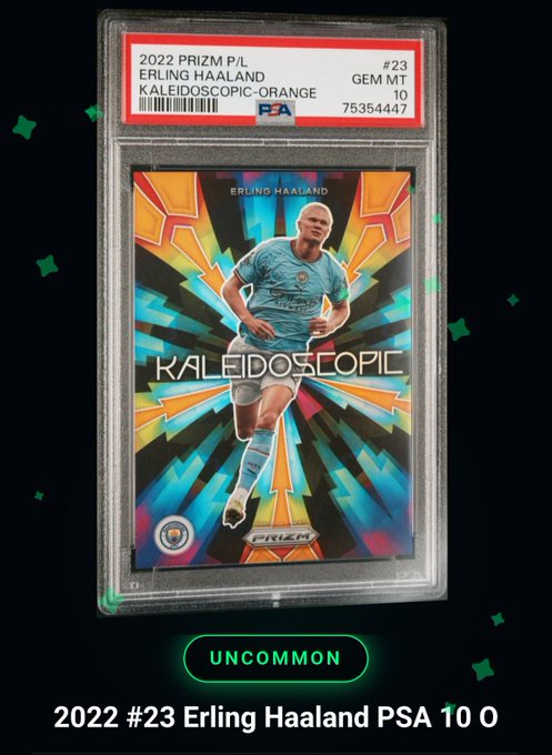 A PSA 10 graded 2022 Prizm Kaleidoscopic Orange soccer card of Erling Haaland, marked as "UNCOMMON" in a digital card collection interface.