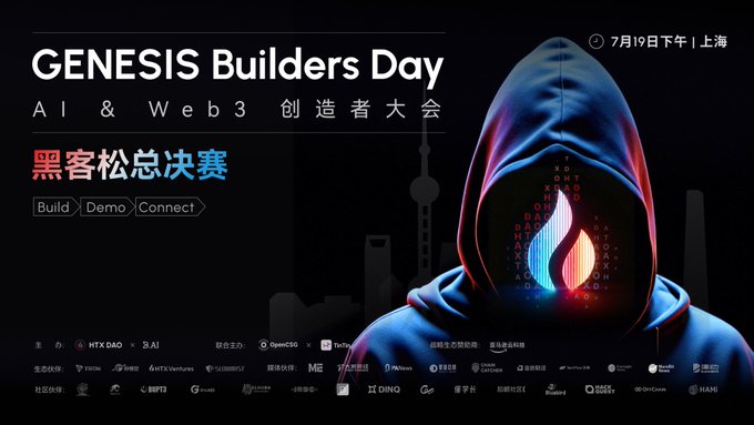 A promotional banner for 'GENESIS Builders Day' - an AI & Web 3 creator conference and hackathon final in Shanghai on July 19th, featuring a hooded figure with a digital flame face.