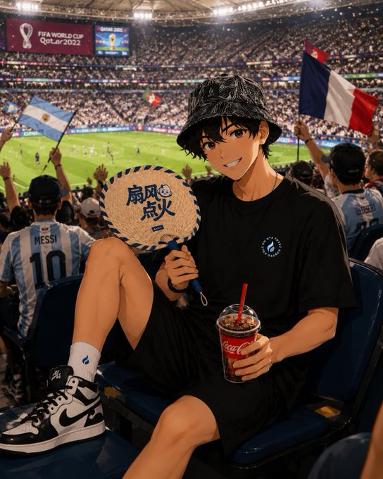 An anime-style character in a black bucket hat and outfit sits in the FIFA World Cup Qatar 2022 stadium stands, holding a fan with Chinese characters and a Coca-Cola cup, while fans behind wave Argentina and France flags and one wears a "MESSI 10" jersey.

The image matches the post by showing off the stylish "Huobi" branded merchandise at the World Cup, capturing the flashy spectator vibe the caption highlights.