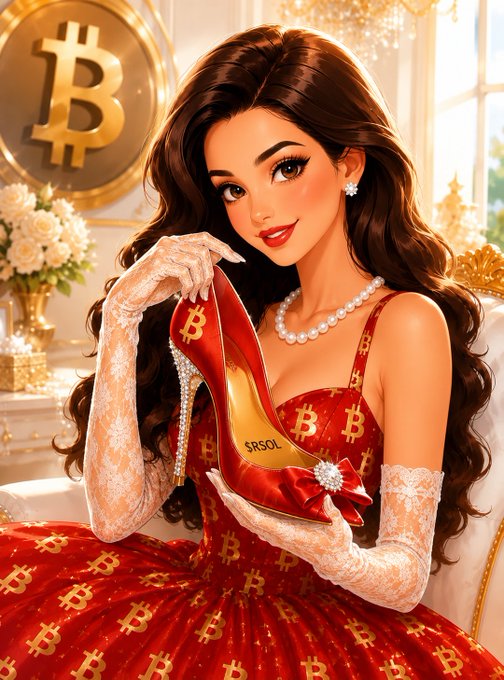 An anime-style illustration features a woman with long brown hair wearing a red dress patterned with the Bitcoin logo and lace gloves. She holds a red high-heeled shoe bearing the Bitcoin symbol, with a large gold Bitcoin emblem in the background.