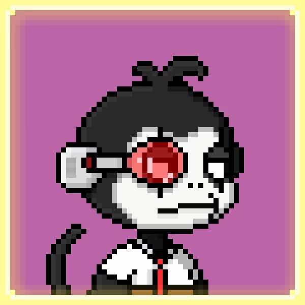A pixel art illustration of a monkey wearing red goggles and a suit against a purple background.