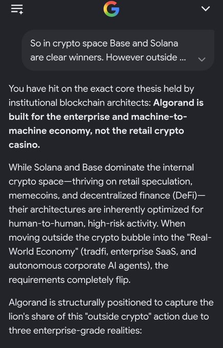 A Google search response explaining that while Solana and Base dominate crypto, 'Algorand is built for the enterprise and machine-to-machine economy, not the retail crypto casino.'