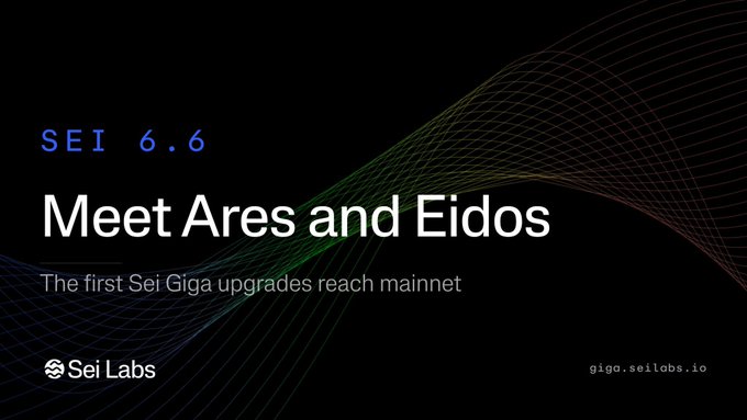 A dark promotional banner for Sei Labs announcing 'SEI 6.6: Meet Ares and Eidos' with the subtitle 'The first Sei Giga upgrades reach mainnet', directing to giga.seilabs.io.