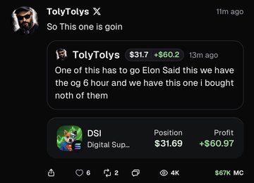 The image shows a tweet from TolyTolys stating "So This one is goin," quoting his earlier post claiming Elon referenced one of his tickers within 6 hours, alongside a position screenshot for DSI at $31.69 showing a $60.97 profit. This relates to the accompanying post's criticism of people spamming callouts on low-cap meme coins to bait others into buying, with TolyTolys seemingly promoting his "callout" strategy to followers.