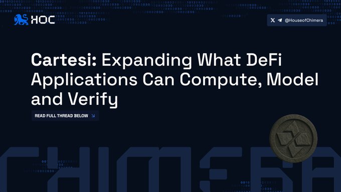 A tweet from @HouseofChimera titled 'Cartesi: Expanding What DeFi Applications Can Compute, Model and Verify' with a 'READ FULL THREAD BELOW' link.