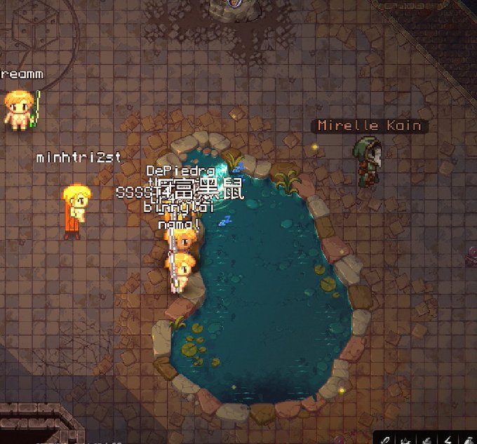 A screenshot of a 2D pixel art MMO game showing several player characters gathered around a stone-rimmed pond, with usernames like 'DePiedco' and 'Mirelle Kain' visible.