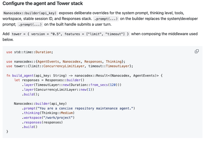 A code documentation page titled 'Configure the agent and tower stack' showing Rust code for nanocodex::builder with TimeoutLayer and ConcurrencyLimitLayer middleware configuration.
