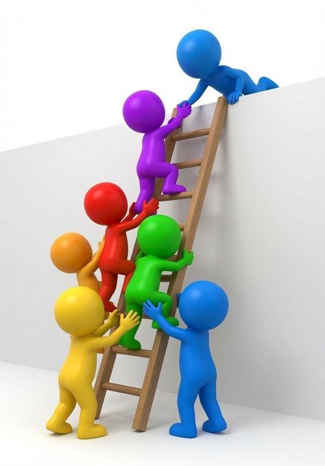 A 3D illustration of six brightly colored, featureless figures (purple, blue, red, green, orange, and yellow) helping each other climb a wooden ladder over a white wall.