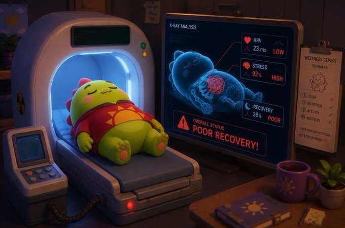 A 3D-rendered illustration of a green dragon-like character in a red shirt undergoing an X-ray scan in a medical machine, with the monitor displaying 'POOR RECOVERY!' and various health metrics including HRV, STRESS, and RECOVERY.