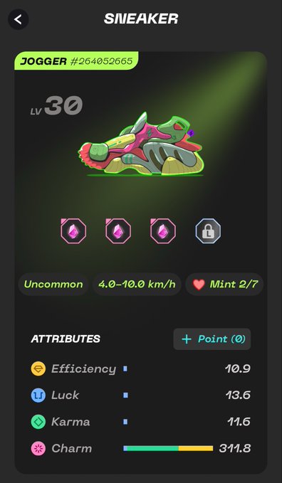 A mobile game screen showing a Level 30 'JOGGER' sneaker NFT (Uncommon) with attributes including Efficiency 10.9, Luck 13.6, Karma 11.6, and Charm 311.8, requiring Mint 2/7.