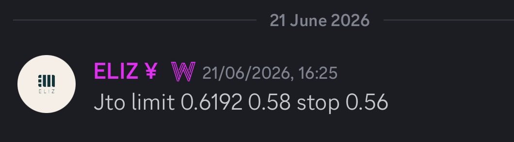 The image shows a trading signal dated 21 June 2026 at 16:25 for the pair ELIZ/W, recommending a "Jto" (likely JTO buy order) with a limit price of 0.6192, target of 0.58, and stop loss at 0.56. This aligns with the accompanying post praising the $JTO call as "mega perfection," indicating the trade setup was highly successful.