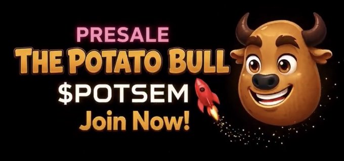 A promotional banner advertises a presale for "THE POTATO BULL" token ($POTSEM) featuring a smiling potato character with horns.