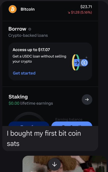 A mobile cryptocurrency app screen shows Bitcoin at $23.71 (down $1.28 or 5.16%), with options to borrow USDC and stake, accompanied by the caption 'I bought my first bitcoin sats.'