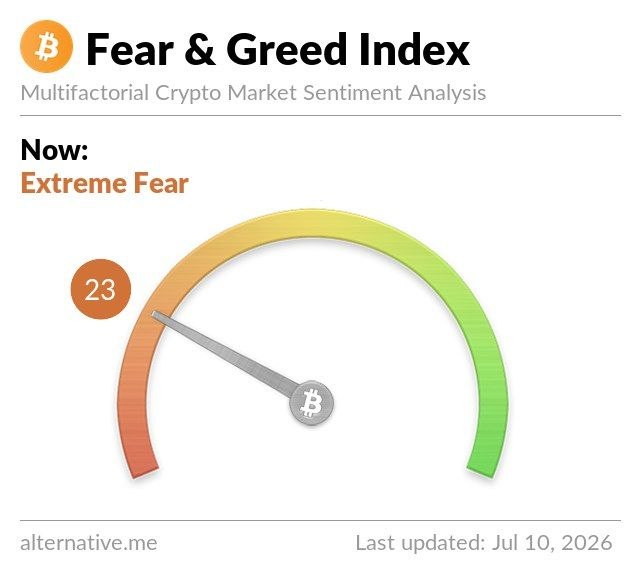 The image shows the Fear & Greed Index from alternative.me displaying a current reading of 23, categorized as "Extreme Fear" in the orange zone of the gauge. The Bitcoin (₿) logo tops the chart, dated "Last updated: Jul 10, 2026," and visually reinforces the post's claim of extreme fear sentiment in the crypto market.