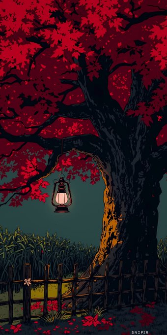 A digital illustration signed 'SN12PIR' showing a large tree with red leaves illuminated by a hanging lantern, with a wooden fence and grass in the foreground.