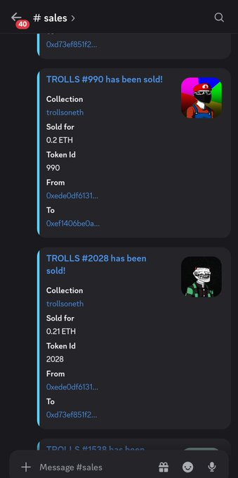 Mobile screenshot of a #sales Telegram channel showing NFT sales notifications for TROLLS #990 and #2028 from the trollsoneth collection, sold for 0.2 ETH and 0.21 ETH respectively.