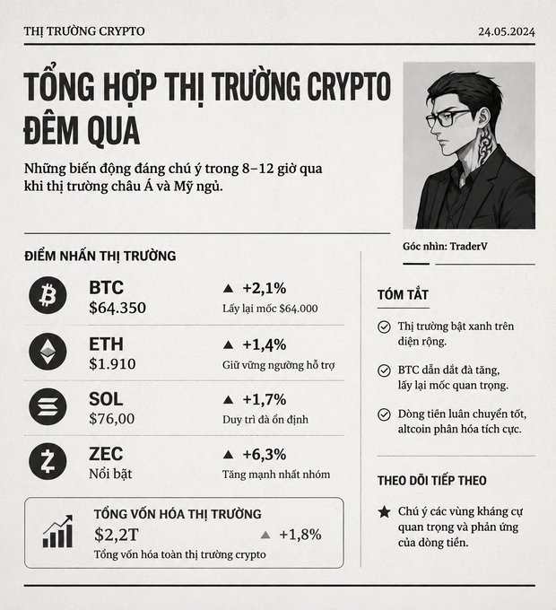A Vietnamese-language crypto market summary dated 24.05.2024 titled 'TỔNG HỢP THỊ TRƯỜNG CRYPTO ĐÊM QUA' by TraderV, highlighting gains in BTC (+2.1%, $64,350), ETH (+1.4%), SOL (+1.7%), and ZEC (+6.3%), with a total market cap of $2.2T (+1.8%).