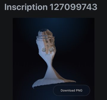 A 3D-rendered object labeled 'Inscription 127099743' with a small 3D viewport showing metallic spheres and a 'Download PNG' button.