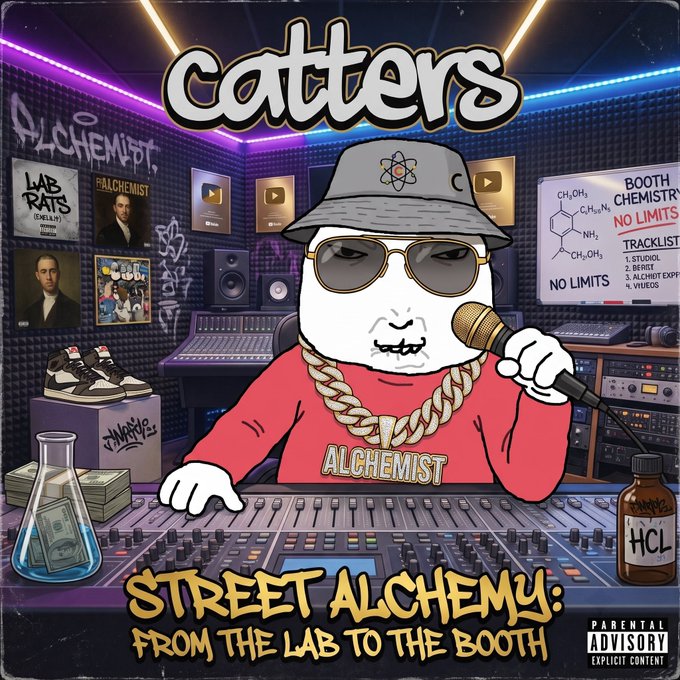 Album cover art titled 'catters - STREET ALCHEMY: FROM THE LAB TO THE BOOTH' featuring a cartoon character wearing sunglasses and a cap at a DJ mixing board, with a 'Parental Advisory Explicit Content' label.