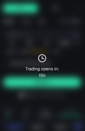 iphone screen displaying a trading app with the time "15h" and an open trading window, accompanied by a green "Trading opens" button.