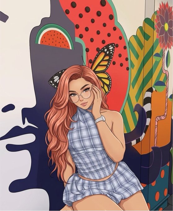 An anime-style illustration of a girl with long reddish-pink hair, glasses, and a plaid halter top posing in front of a vibrant mural featuring a face, watermelon, and butterfly.
