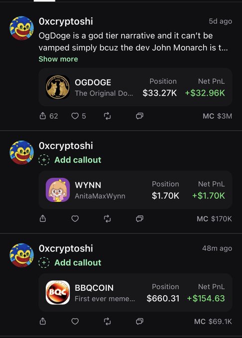 A screenshot of three crypto posts by user "0xcryptoshi" showing position details for $OGDOGE ($33.27K position, +$32.96K PnL, $3M market cap), $WYNN ($1.70K position, +$1.70K PnL, $170K market cap), and $BBQCOIN ($660.31 position, +$154.63 PnL, $69.1K market cap), illustrating their small holdings across these three tokens with the caption asking which will retire them first.