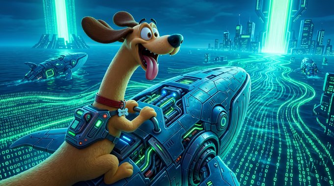 A vibrant cartoon-style image of a happy dog riding a futuristic cyberpunk motorcycle through a neon cityscape with binary code streams and glowing blue/teal architecture.