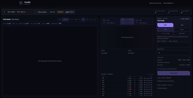 A screenshot of the Raydium perpetual trading interface showing the TEST/SOLC market with 'No trading liquidity', 'No depth', and order book/buy/sell panels visible.