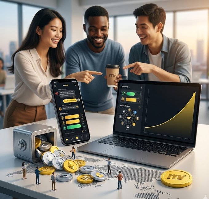 The image features a group of people standing around a table with various objects such as a laptop computer, cell phones, and coins. The people are smiling and pointing at something on the screen, which appears to be related to cryptocurrency or blockchain technology. The scene suggests that they might be discussing or celebrating an achievement in their community or exploring new developments in this field.