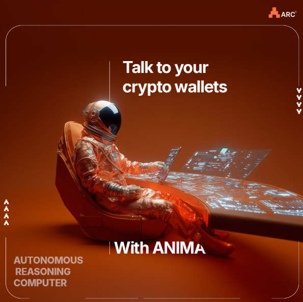 The image features a man wearing an orange jumpsuit, sitting in a chair at a desk with a laptop computer. The background of the image is orange, which complements the color of the jumpsuit. There are two lines of text on the image that read "Talk to your crypto wallets" and "With ANIMA: Autonomous Reasoning Computer". These phrases seem to be related to managing multiple digital wallets or cryptocurrency exchanges.