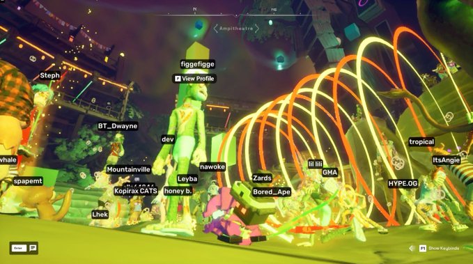 A screenshot from a virtual reality or metaverse environment showing various avatars with display names like 'figgerfigge', 'BT_Dwayne', 'tropical', 'spapemt', and 'HYPE.OG' gathered in an area called 'Amphitheatre' with neon light trails.