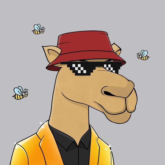 A cartoon illustration of a camel wearing a red bucket hat, pixelated sunglasses, and a yellow jacket, surrounded by three cartoon bees.