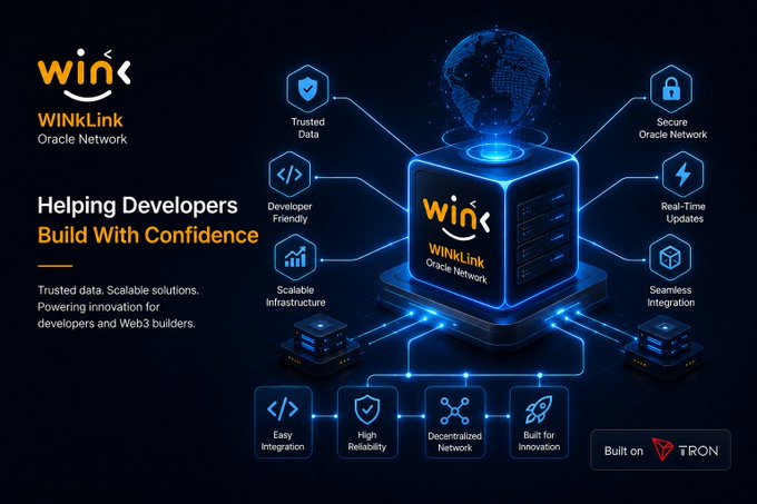 A promotional graphic for WINKLink Oracle Network highlights features like Trusted Data, Secure Oracle Network, Real-Time Updates, and Seamless Integration, noting it is 'Built on TRON.'